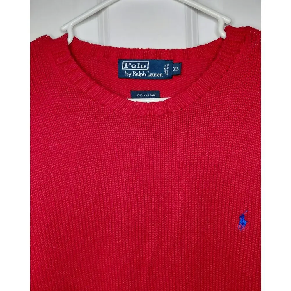 Vintage Polo Ralph Lauren Heavy Knit Crewneck Sweater Red Blue Pony Men's XL 90s